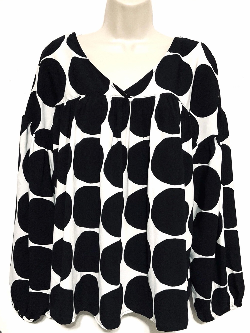 Ces Femme Black and White Polka Dot pleated top with a beautiful V neck.